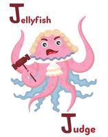 Latin alphabet ABC of animal professions starting with letter j jellyfish judge in cartoon style. vector