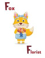 Latin alphabet ABC animal professions starting with f fox florist in cartoon style vector