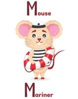 Latin alphabet ABC animal professions starting with letter m mouse mariner in cartoon style. vector