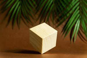 Design concept - geometric real wooden cube with surreal layout on green tropical leaves background photo