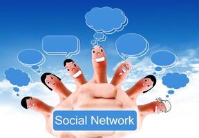 Happy group of finger faces as social network with speech photo