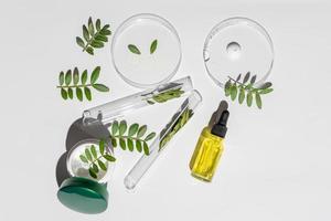 Cosmetic skincare background. Herbal medicine with green leaves. Beauty spa product, top view. Laboratory glass petri with pipette dropper of serum, oil, beauty product. photo