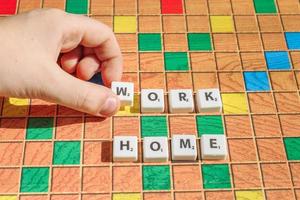 Scrabble game letters. Child set letter W in frase work home. Protection coronavirus consept. photo