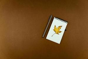 Autumn busines concept - blank ring-bound notebook with golden maple leaf and pen on brown background with copy space photo