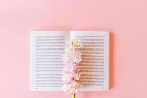 Top view of open book and Pink Matthiola incana or Mathilda Lavender on pastel pink background with copy space photo