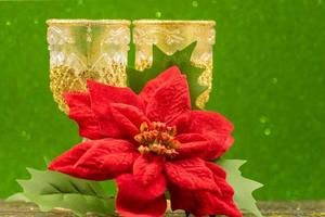 two glasses of champaigne and red flower on poinsettia on green sparkling background. Festive greeting card for new year. photo