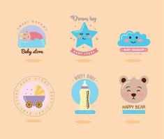 six baby shower stickers vector