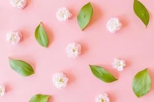 floral arrangement on ruscus leaves and matthiola flowers on pink paper background eith Textured background photo