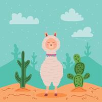 cute llama and cactus vector