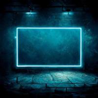 Futuristic Sci Fi Modern Neon Glowing Rectangle Frame for Banner on Dark Empty Grunge Concrete Brick Background photo