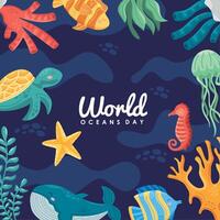 world oceans day lettering in border vector