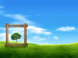 Wooden frame with a tree on the lawn photo