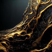 fluid sculpture of melted gold oozing on a vascular obsidian rock wall, photo