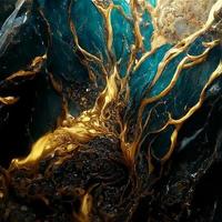 fluid sculpture of melted gold oozing on a vascular obsidian rock wall, photo