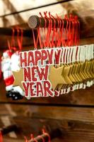 Christmas tree decoration. Text happy new year. Christmas market. Interior design photo