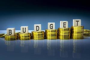 Budget text on wooden block with a pile of gold coins. Business concept. photo