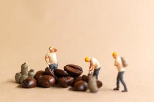 equipo de trabajadores en miniatura trabajando con granos de café foto