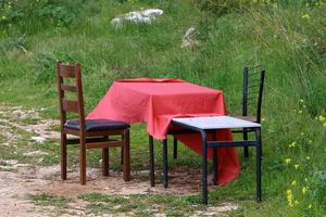 A chair in a city park on the seashore. photo