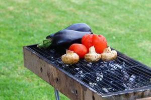 las verduras y la carne se fríen a la parrilla. foto