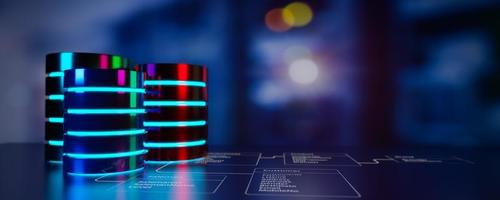 Panoramic view of multiple database is placed on Relational database tables with server room  background. Concept of database server, SQL, data storage, Data center, Webhosting. 3D illustration. photo