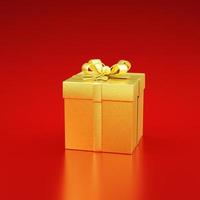 Golden gift box with golden ribbon bow on a red background. 3D rendering. photo