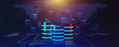 Multiple database is placed on Relational database tables with a blue dotted map background. Concept of database server, SQL, data storage, database diagram design. 3D illustration. photo