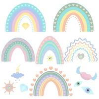 Rainbow. Vector set of illustrations. Isolated white background. Boho style. Colorful collection. A striking natural phenomenon. Ethnic motives. Multicolored stripes with fantasy patterns. Pastel tone