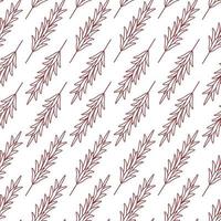 Rosemary. Red sprig of fragrant spice. Repeating vector pattern. Seamless floral ornament. Abstract background of twigs with leaves. Isolated colorless background. Doodle style.