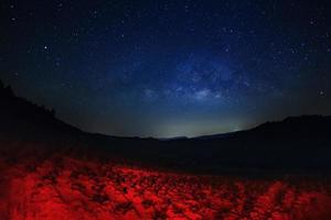 Milky Way and silhouette of tree at Phu Hin Rong Kla National Park,Phitsanulok Thailand, Long exposure photograph.with grain photo