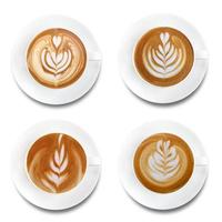Top view of hot coffee latte art set isolated on white background.Collection photo