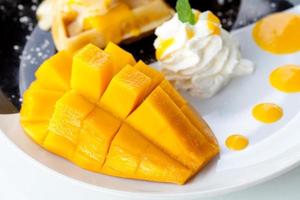 mango and waffles with ice cream photo