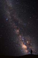 Landscape with milky way, Night sky with stars and silhouette of man standing on high moutain photo