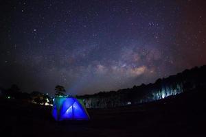Silhouette of Tree with tent and Milky Way Phu Hin Rong Kla National Park,Phitsanulok Thailand photo
