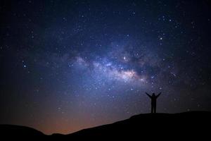 Landscape with milky way, Night sky with stars and silhouette of man standing on high moutain photo