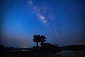 Silhouette of tree and milky way, Long exposure photograph, with grain photo