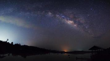Panorama silhouette of Tree and hut with cloud and Milky Way. Long exposure photograph. photo