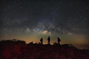 Landscape with milky way, Night sky with stars and silhouette of a standing man on Doi Luang Chiang Dao mountain, Long exposure photograph, with grain photo