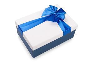 White gift Box with blue ribbon Isolated on white background photo