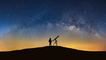 Silhouette of a standing man with telescope watching the wilky way galaxy photo