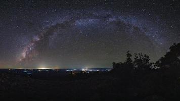 Panorama Milky way galaxy with knob stone ground is name Lan Hin Pum viewpoint at Phu Hin Rong Kla National Park in Phitsanulok, Thailand photo