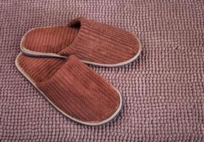 zapatilla de lana marrón sobre alfombra foto