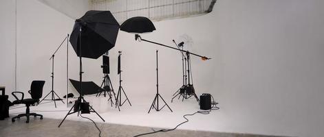 Studio video production lighting set. Behind the scenes shooting production set up photo