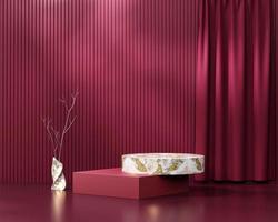 Escaparate de producto de plataforma de podio rojo de elegancia de naturaleza muerta abstracta con renderizado 3d de cortina