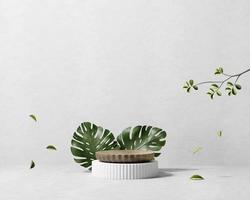 3D rendering abstract platform podium product presentation with plant backdrop photo