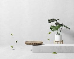 3D rendering abstract platform podium product presentation with plant backdrop photo