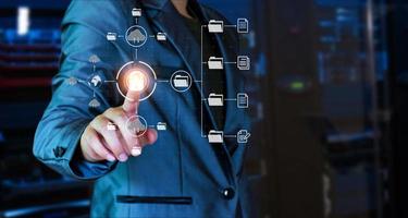 Man unlocks files in the cloud. Internet technology. Concept of global data connection by metaverse technology, big data ,search for information, online business, global network, internet of things photo