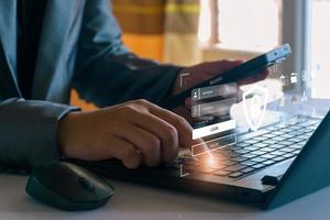 cyber security concept. Businessman login access business sensitive information, data security, secure companyinternet network, hack protection, fingerprint scanner, cyber space, business security photo
