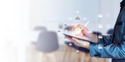 Man unlocks files in the cloud. Internet technology. Concept of global data connection by metaverse technology, big data ,search for information, online business, global network, internet of thing photo