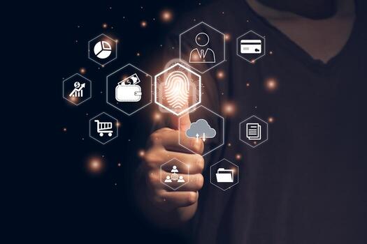 Person touching virtual screen to scan fingerprints, digital security management concept. Internet of things, business processes, storage systems, cloud computing, e-commerce, online transactions photo