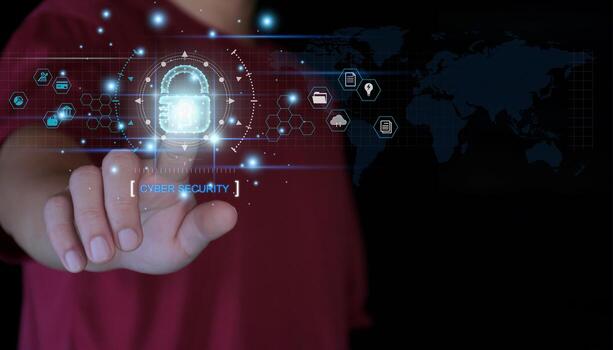 Cyber security network. Padlock icon and internet technology networking. Businessman protecting data personal information on tablet and virtual interface. Data protection privacy concept. GDPR. EU. photo